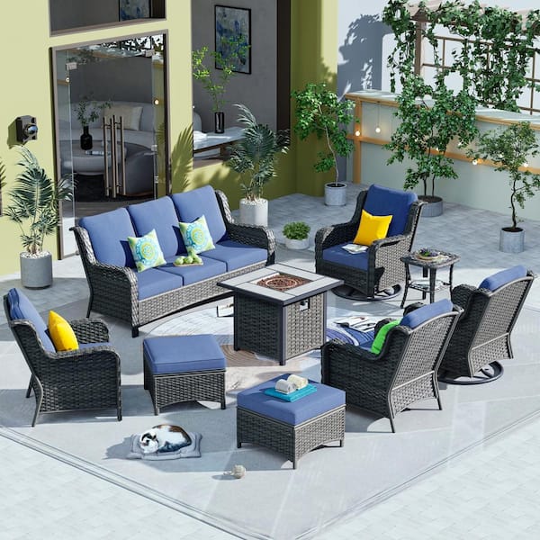 OVIOS New Kenard Gray 9-Piece Wicker Patio Fire Pit Conversation Set with Denim Blue Cushions and Swivel Rocking Chairs