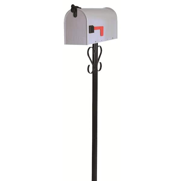 Gibraltar Mailboxes Stilwell Standard Gray, Medium, Steel Mailbox and Black, Round, Steel Post Combo