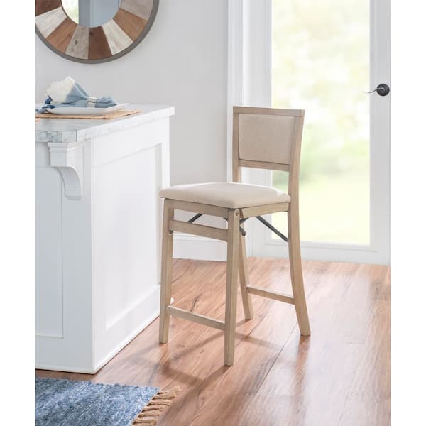 Noelle 25 in. Seat height Gray-wash High back wood frame Folding Counter stool with Beige fabric seat 1 stool