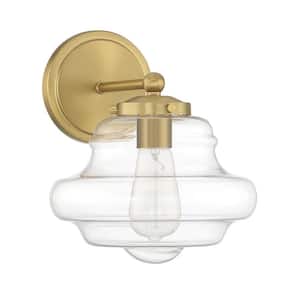 9 in. W x 10.25 in. H 1-Light Natural Brass Vanity Light Wall Sconce with Clear Glass Shade