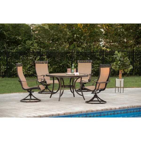Hanover Monaco 5-Piece Patio Outdoor Dining Set with 4 Sling Swivel Rocker Chairs and 51 in. Round Tile Table, Rust Resistant