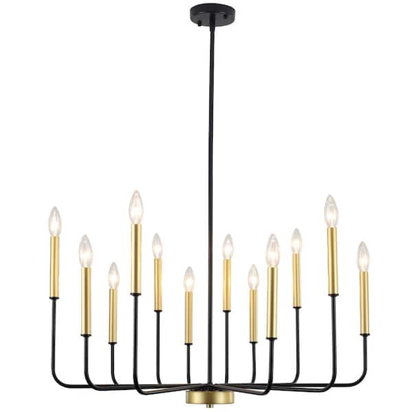 12-Light Black & Gold Farmhouse Candle Chandelier for Bedroom with No Bulbs Included