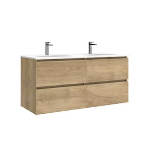 Flora 47.6 in. W x 18.1 in. D x 22.2 in. H Double Sink Wall Mounted Bath Vanity in Natural Oak with White Ceramic Top