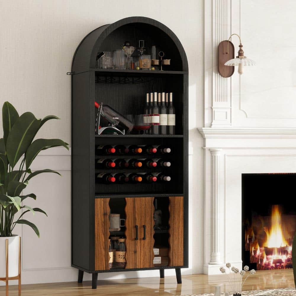 71 in. H Black Farmhouse Arched Wine Bar Cabinet with Glass Holder and Storage Shelves for Kitchen