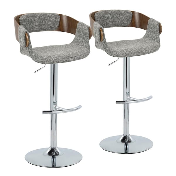 Lumisource Elisa 32 in. Grey Fabric, Walnut Wood and Chrome Metal Adjustable Bar Stool (Set of 2)