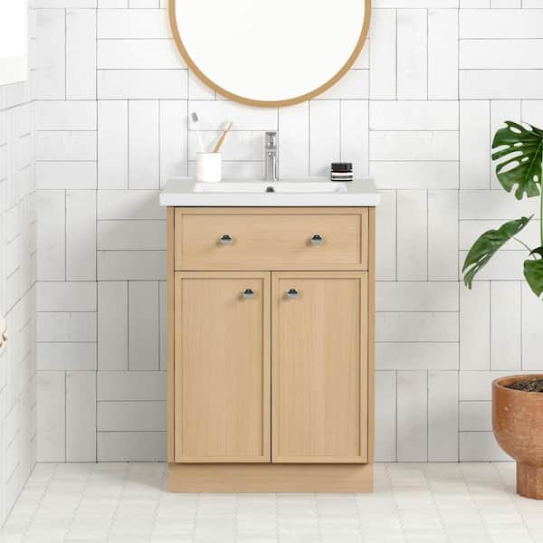 HOMEVY STUDIO Lowell 24 in. W x 18.5 in. D x 35 in. H Single Sink Freestanding Bath Vanity in Vintage Oak with White Ceramic Top