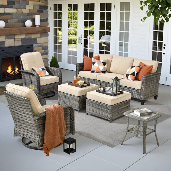 Daphne 6-Piece Wicker Patio Conversation Sofa Seating Swivel Rocking Chairs Set with Ottomans and Beige Cushions