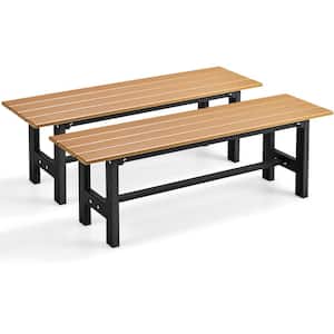 2-Pieces Brown HDPE Plastic Outdoor Bench with Metal Frame 47 in. x 14 in. x 16 in. for Yard Garden