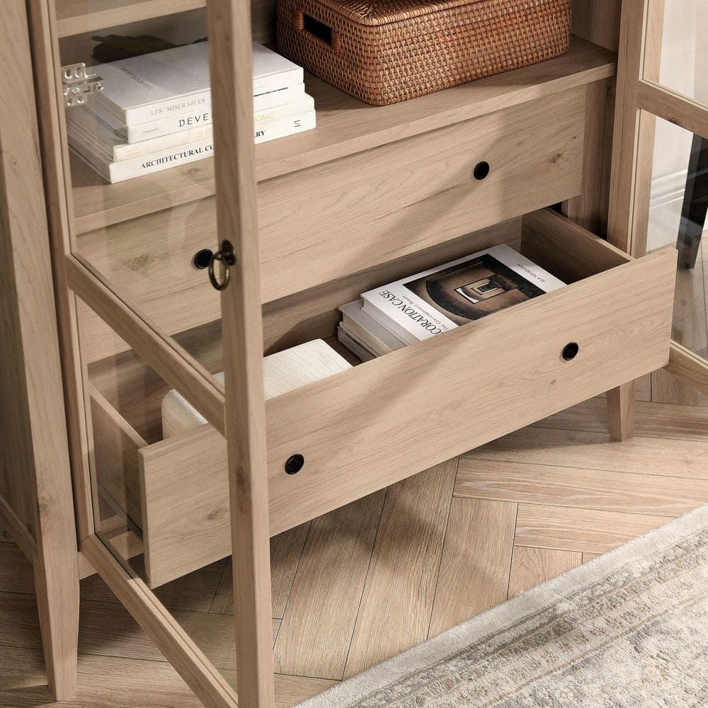 Nolan Light Oak Tall Arched Storage Display Cabinet with Glass Doors