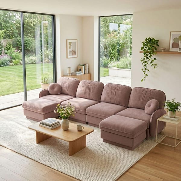 Homy Casa MIRA 137 in. Curved Arm 6-piece Chenille Fabric Modular Sectional Sofa Set with Dual Ottomans in Dusty Rose