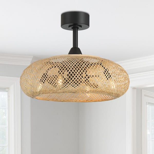 Bayneswood 22 in. 4-Light Indoor Matte Black and Natural Wicker Fandelier with Remote Control, Bulbs Not Included