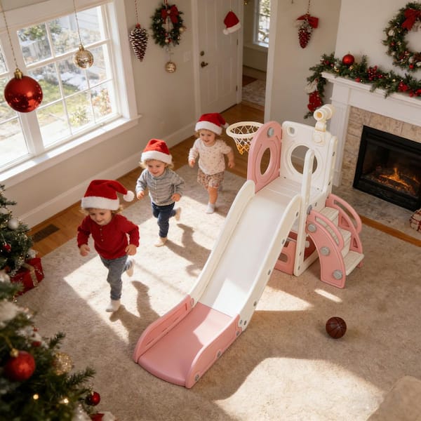 6 in 1 Toddle Slide, Indoor Outdoor Baby Slide with Basketball Hoop, Telescope, Storage Space and Non-Slip Steps