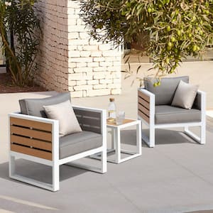 White 3-Piece Powder-Coated Aluminum Patio Conversation Seating Set with Gray Cushions, Imitation Wood, Polyester Fabric