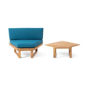 Natural Acacia Wood Outdoor Lounge Chair, Corner Chair with Teal Cushions and Coffee Table