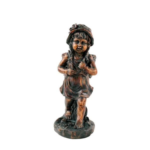 24 in.  H Faux Bronze Magnesium Oxide Walking Girl Garden Statue w/Small Flower Plant Pot, Natural Design Sculpture