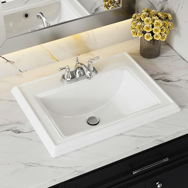 Drop In Bathroom Sink 23 in. L x 18 in. W Rectangular in White Ceramic Vintage Style with Three 4" Centerset Facet Holes