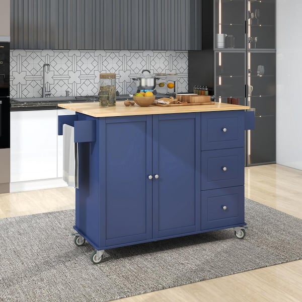 grossag Dark blue Wood 52.7 in. Kitchen Island with 3-Drawers, Extensible Tabletop and Spice Rack, Towel Rack