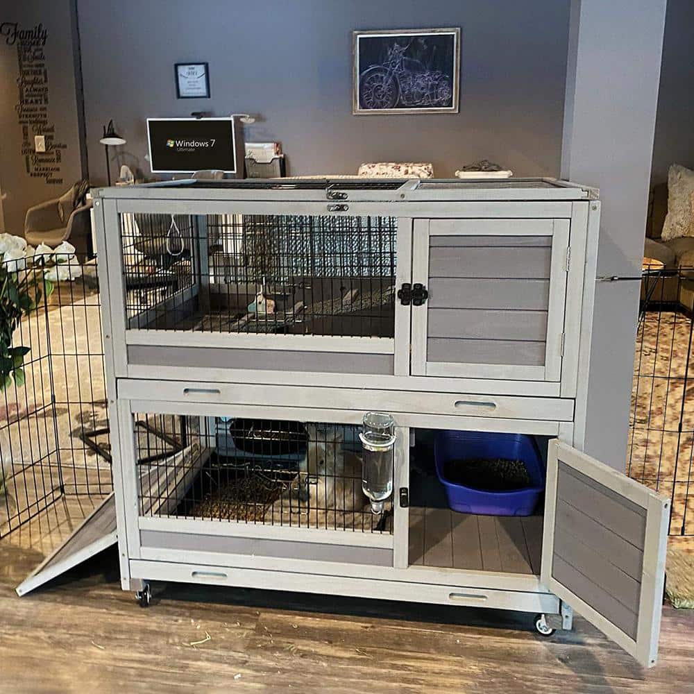 Gray Double-Level Indoor Outdoor Rabbit Hutch with Wheels