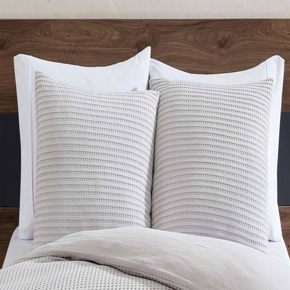 Grey Waffle Textured Queen Duvet Cover Set with Shams