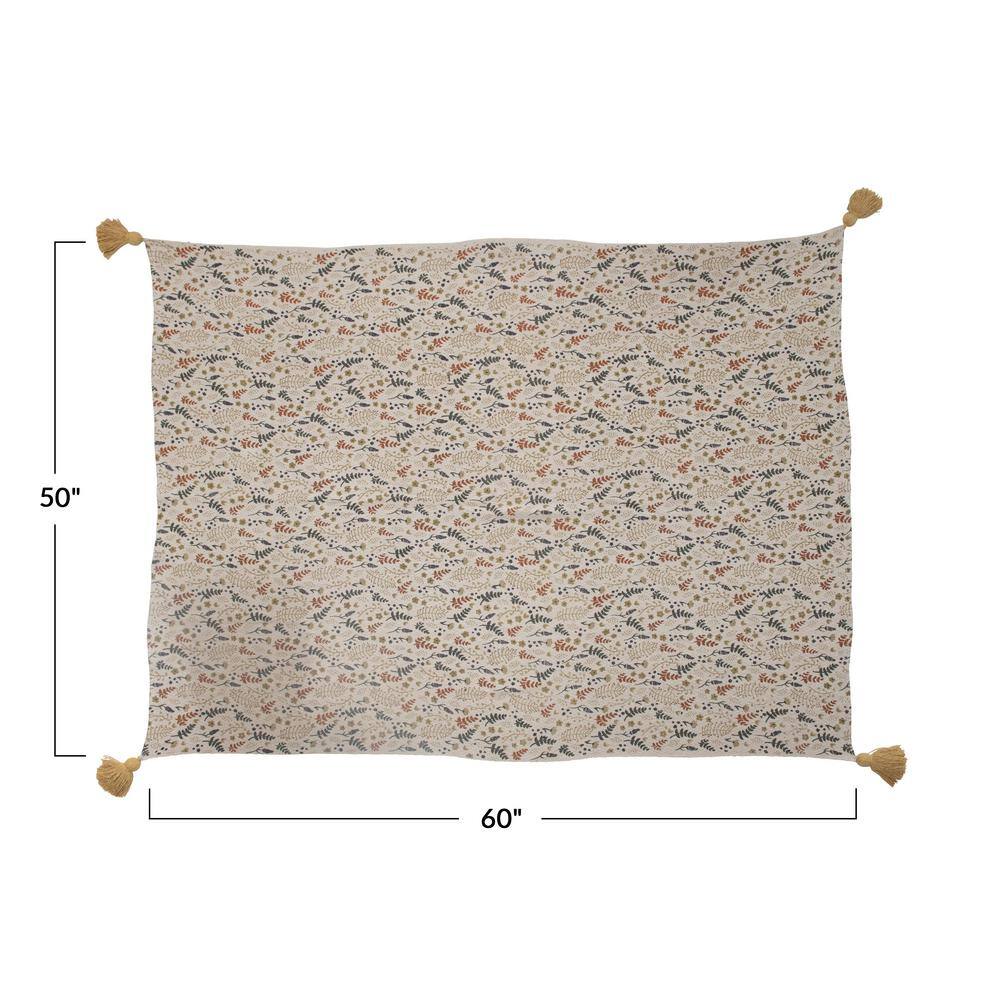 Neutral Floral Cotton Blend Throw Blanket with Tassels, 60" x 50"