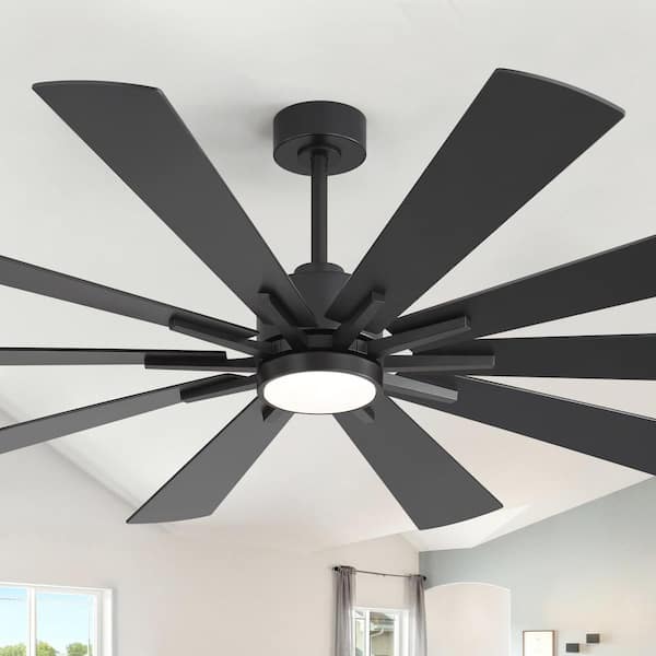 Claude 72 in. Covered Outdoor Black Windmill Ceiling Fan with LED Light, Downrod, Black/Brown Blade and Remote Included