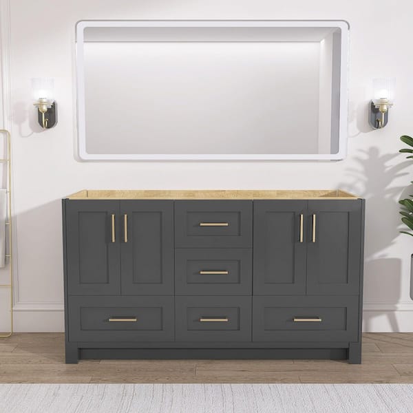 60 in. Solid Wood Double Sink Bath Vanity Cabinet Without Top Freestanding Bathroom Base in Dark Gray Assembled