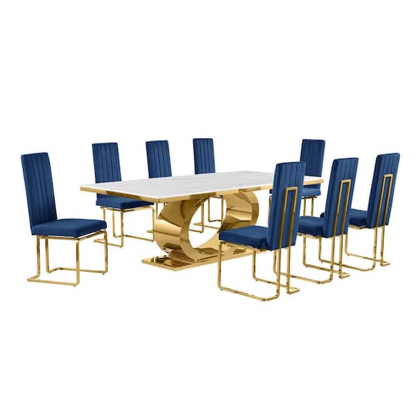 Best Quality Furniture Ibraim 9-Piece Rectangle White Marble Top Gold Stainless Steel Dining Set with 8 Navy Blue Velvet Gold Chrome Iron Chair