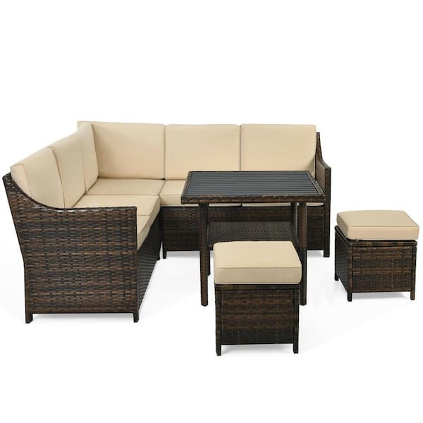 ANGELES HOME Brown 6-Piece PE Wicker Patio Sectional Sofa Set with Beige Cushion and Ottomans