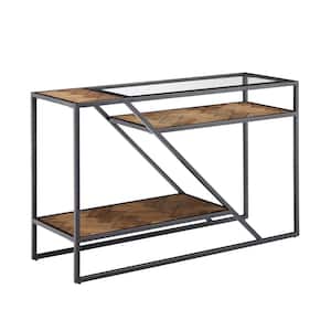 48 in. Black Metal Parquet Wood And Glass Sofa Table