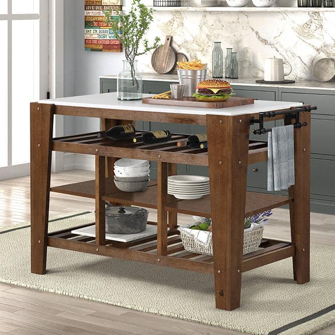 Rectangular Marble Top Kitchen Island with Shelves and Towel Rack