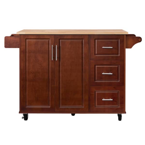Zeus & Ruta Brown Wood 43.1 in. W Rolling Kitchen Island Cart with Drop Leaf and Three Drawers