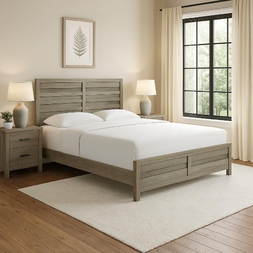 Benjara Zane Gray Wood Frame Queen Panel Bed with Plank Panel