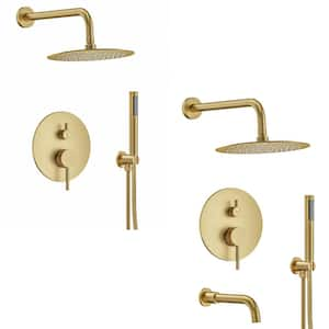 10 in. Round Shower Head Double Handles 3-Spray Tub and Shower Faucet 2.5 GPM in. Brushed Gold Valve Included (2 Pack)