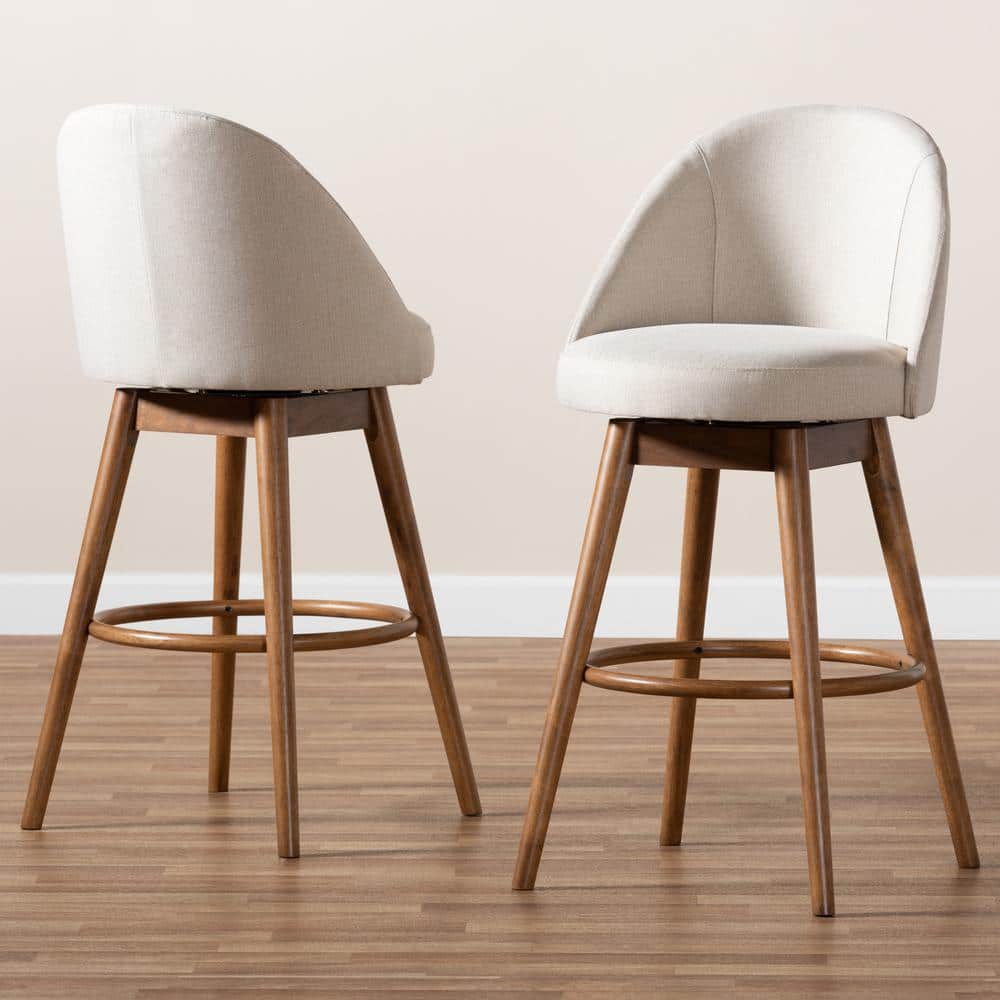 Light Beige Upholstered Walnut Wood Swivel Bar Stools, Set of 2