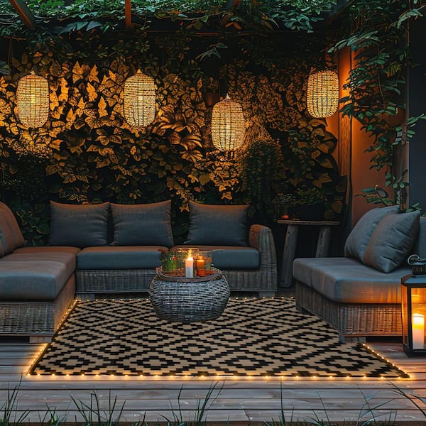 Outdoor Patio Rug with LED Lights-8x10 Outdoor Rug-Plastic Straw Patio Mat Outdoor Waterproof Carpe, Brown