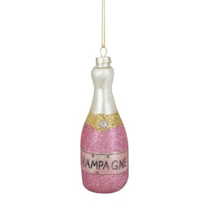 5 in. Pink Glitter Champagne Bottle Glass Christmas Ornament