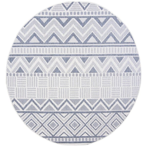 SAFAVIEH Bermuda Cream/Navy 5 ft. x 5 ft. Round Machine Washable Geometric Striped Indoor/Outdoor Area Rug