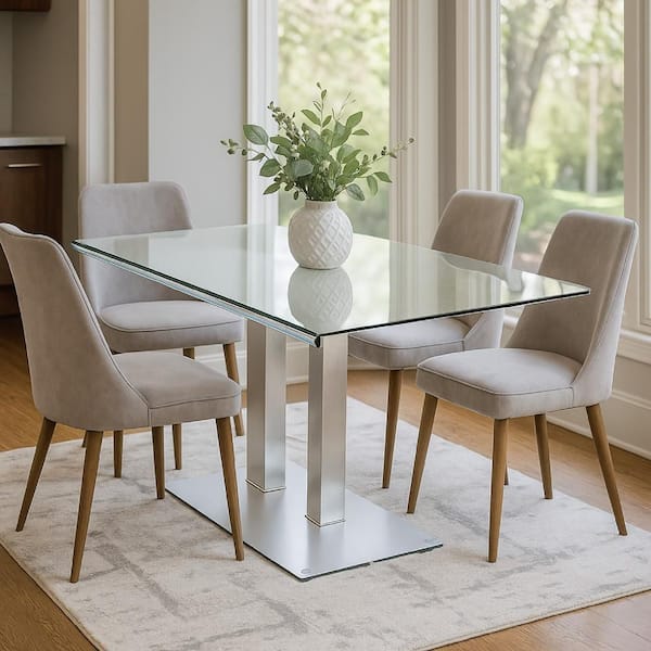 Benjara Chrome Glass Rectangle 35.63 in. Pedestal Base Dining Table Seats 4