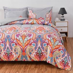 Comforter Bedding Set-Queen 3 Piece All Season, Polyester Bohemia Western Pattern, Gray with Rainbow Floral