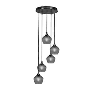 Villa 15.75 in. 5-Light Matte Black Cluster Pendant Light with 6 in. Smoke Textured Glass Shades, no bulbs included