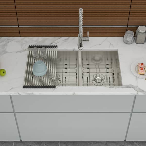Unbranded 28 in. Undermount Double Bowl 16 Gauge Brushed Nickel Stainless Steel Kitchen Sink with Bottom Grids