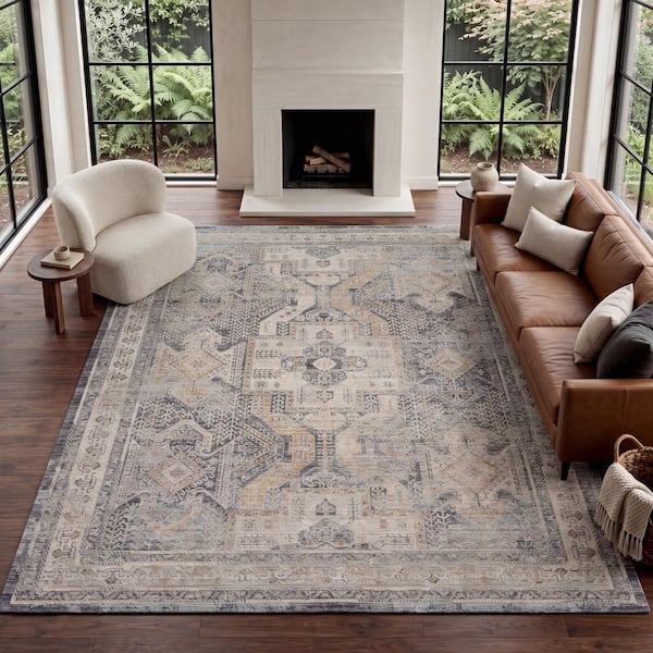 Nyle Ivory Charcoal 12 ft. x 16 ft. Vintage Persian Area Rug