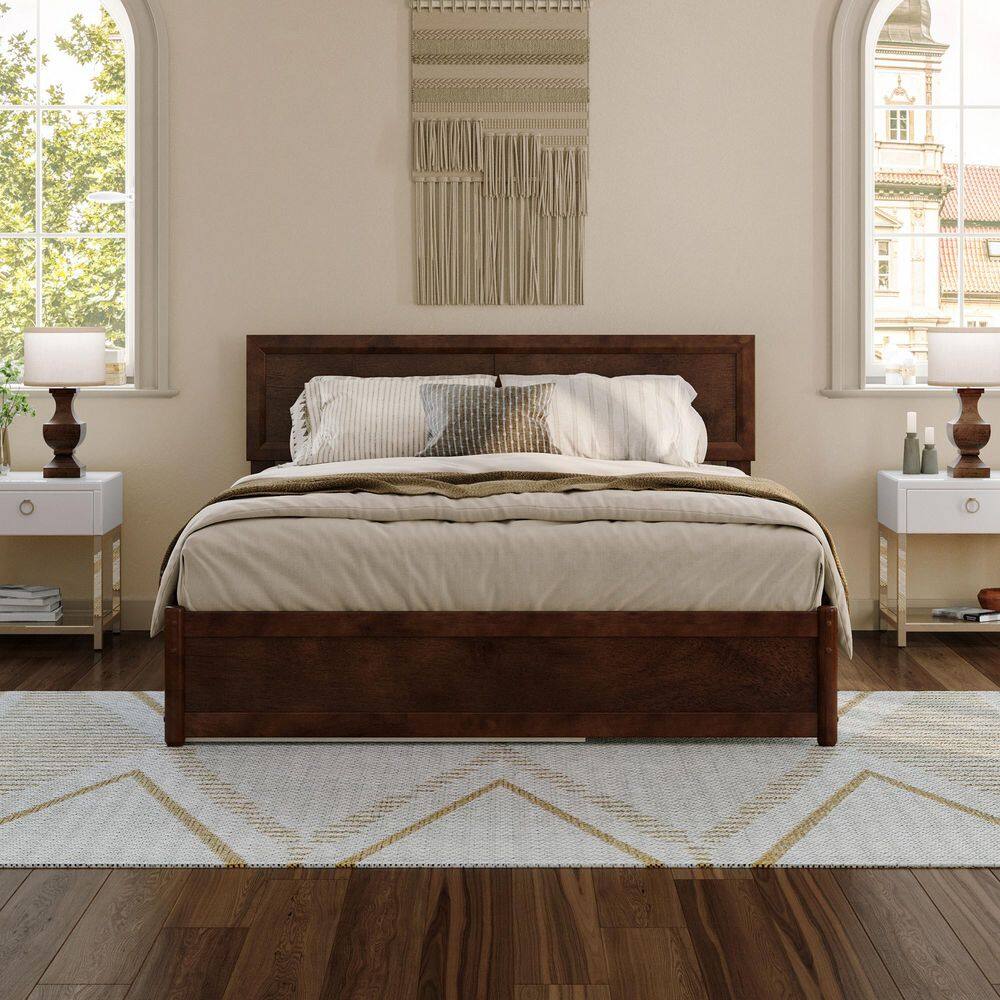 Lylah Queen Walnut Wood Platform Bed with Trundle