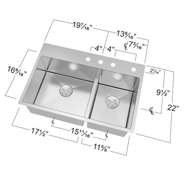 Transolid Diamond Dual Mount Stainless Steel 33 In 1 Hole Double Offset Bowl Kitchen Sink In Brushed Finish Dtdo332210 The Home Depot
