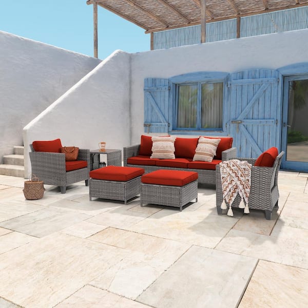 JOYESERY 6-Piece Gray Wicker Outdoor Conversation Seating Sofa Set with Side Table, Rust Red Cushions