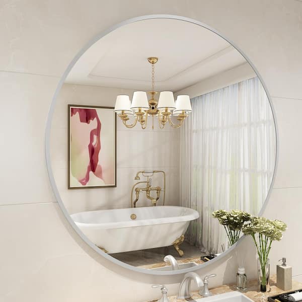 Apmir 36 in. W x 36 in. H Round Aluminum Alloy Framed French Cleat Mounted Wall Decor Bathroom Vanity Mirror in Matte Silver