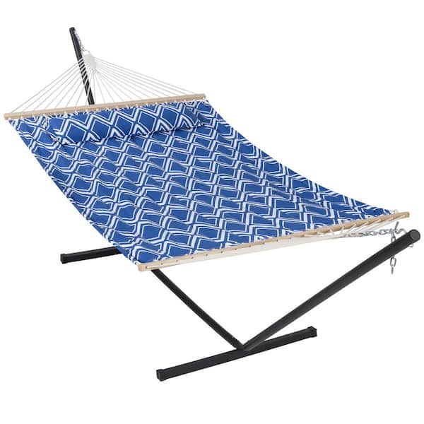 Unbranded Double Hammock with Stand 12 ft. Heavy-Duty Hammock with Stand for Outdoors Indoors 450 lbs. Weight Capacity, Blue&White