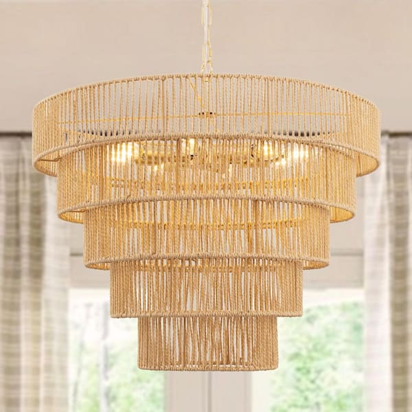 26 in. 8-Light Brown Boho Style Woven Rattan Chandelier, Brass E12 Base