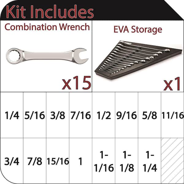 SAE Combination Wrench Set with Eva Storage Tray (15-Piece)