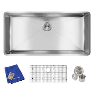 Crosstown Undermount Stainless Steel 37 in. Single Bowl Kitchen Sink with Bottom Grid and Drain